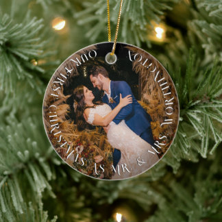 Mr & Mrs. First Christmas Simple Text Circle Foto Keramik Ornament