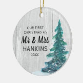 Mr & Mrs. First Christmas Verheiratet Rustic Pine Keramik Ornament (Links)