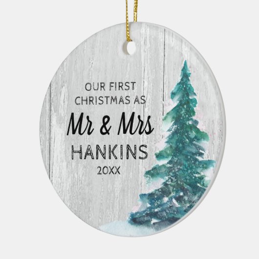 Mr & Mrs. First Christmas Verheiratet Rustic Pine  Keramik Ornament (Links)