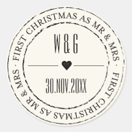 Mr & Mrs. First Christmas Vintag Stamps Circle Runder Aufkleber