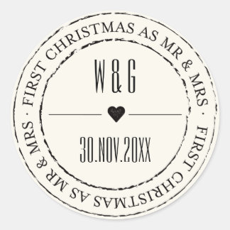 Mr & Mrs. First Christmas Vintag Stamps Circle Runder Aufkleber