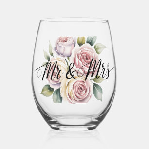 Mr & Mrs Floral Schrift Weinglas Ohne Stiel