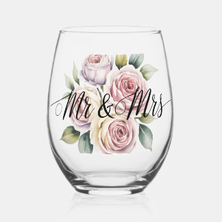 Mr & Mrs Floral Schrift Weinglas Ohne Stiel
