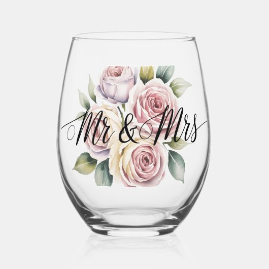 Mr & Mrs Floral Script  Weinglas Ohne Stiel (Vorderseite)