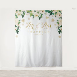 Mr & Mrs floral winter snowflakes wedding banner Wandteppich