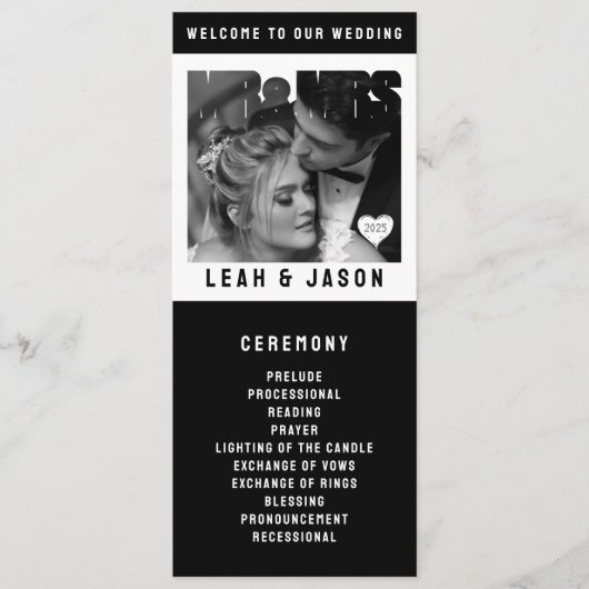 Mr & Mrs. Foto Block Heart Black & White Wedding Programm (Vorderseite)