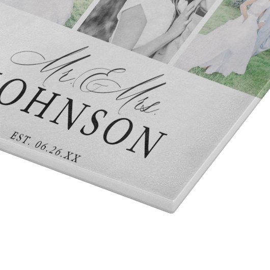 Mr & Mrs. Foto Collage Moderne Monogram Schneidebrett (Ecke)