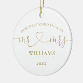 Mr. Mrs. Gold Liebe Heart Script Unsere ersten Wei Keramik Ornament (Links)