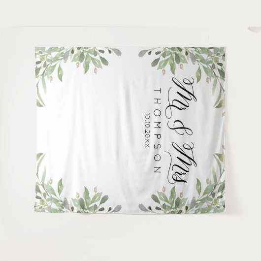 Mr & Mrs. Greenery Hochzeitsbanner Wandteppich (Vorderseite (Horizontal))
