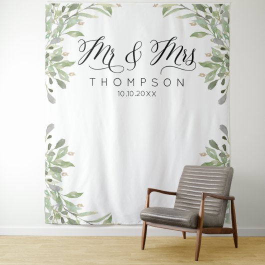 Mr & Mrs. Greenery Hochzeitsbanner Wandteppich (Beispiel)