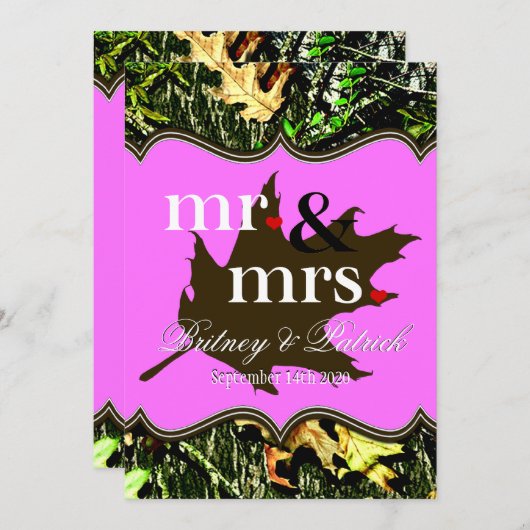 Mr & Mrs Hunting Camouflage Pink Wedding Einladung (Vorne/Hinten)