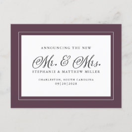 Mr & Mrs Just Married Elopement Lila Elegant Einladungspostkarte