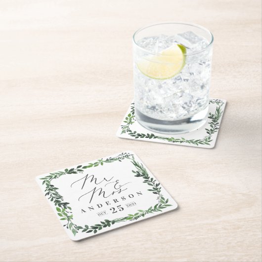 Mr & Mrs. leafy Aquarell elegant Rechteckiger Pappuntersetzer (Vor Ort)