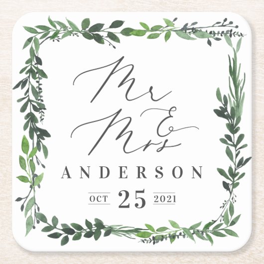 Mr & Mrs. leafy Aquarell elegant Rechteckiger Pappuntersetzer (Vorderseite)