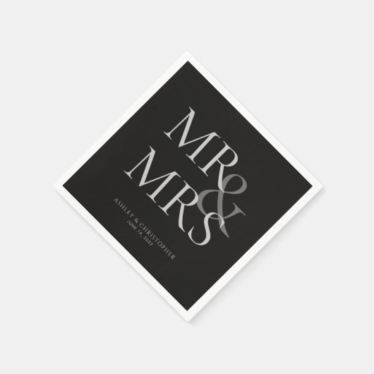MR&MRS. Minimal Typographic Black Cocktail Serviette (Ecke)
