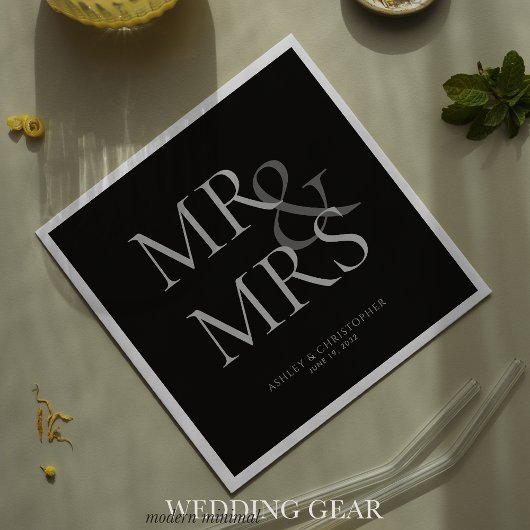 MR&MRS. Minimal Typographic Black Cocktail Serviette