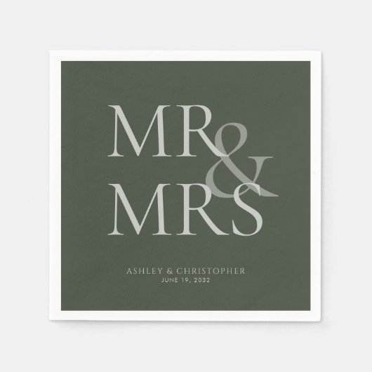 MR&MRS Minimal Typographic Moss Green Cocktail Serviette (Vorderseite)
