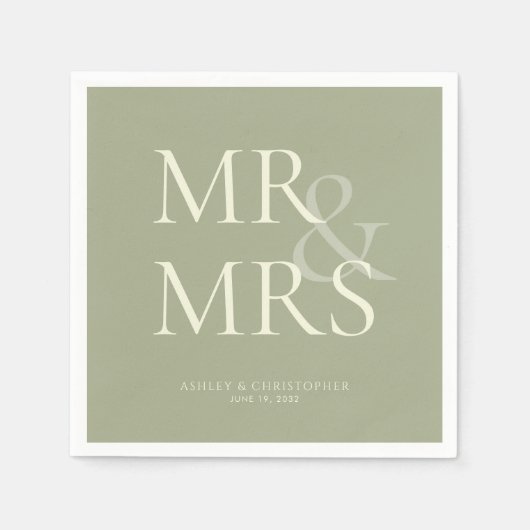 MR&MRS Minimal Typographic Sage Green Cocktail Serviette (Vorderseite)
