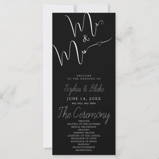 Mr & Mrs. Minimalistisch Black Wedding Program (Vorderseite)