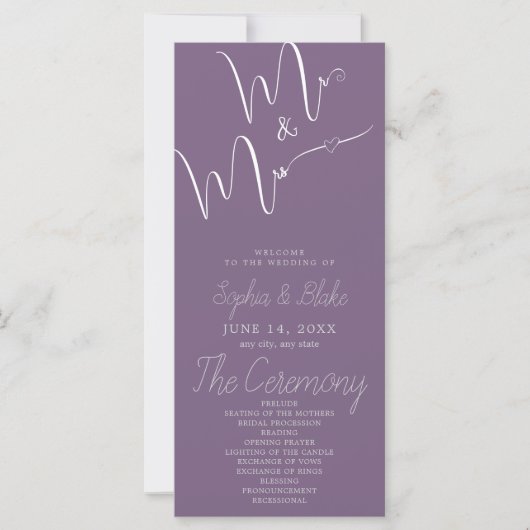 Mr & Mrs Minimalistisch Faded Lila Wedding Program (Vorderseite)