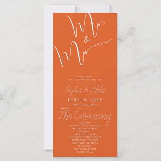 Mr & Mrs. Minimalistisch Fire Orange Wedding Progr (Vorderseite)