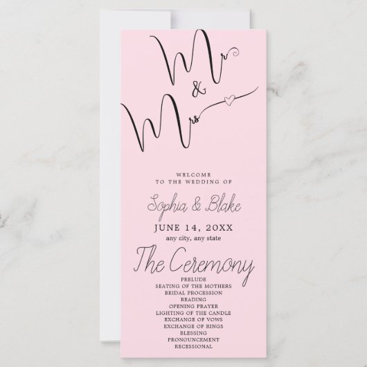 Mr & Mrs Minimalistisch Soft Pink Wedding Program (Vorderseite)