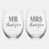 Mr & Mrs Modern Elegant Individuelle Name Date Wed Weinglas Ohne Stiel (Rückseite)