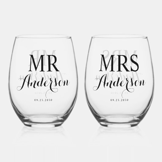 Mr & Mrs Modern Elegant Individuelle Name Date Wed Weinglas Ohne Stiel (Vorderseite)