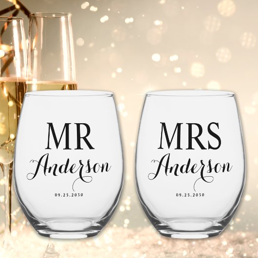 Mr & Mrs Modern Elegant Individuelle Name Date Wed Weinglas Ohne Stiel