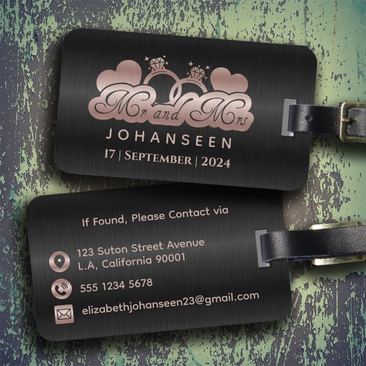 Mr & Mrs Monogram Black Rose Gold Wedding neu Gepäckanhänger