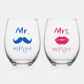 Mr & Mrs Mustache Lips Personalisiert Wedding Weinglas Ohne Stiel (Vorderseite)