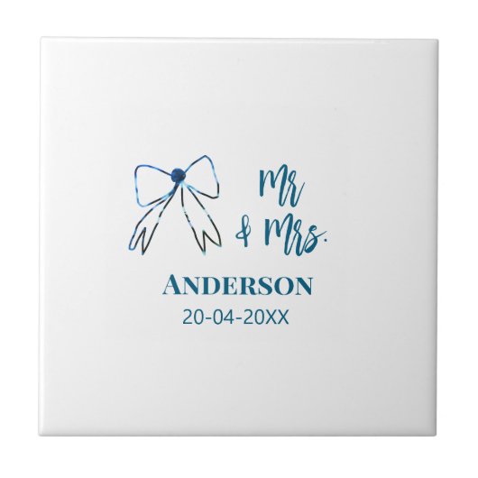Mr. & Mrs. Name Datum Gastgeschenk Hochzeit blau g Fliese (Vorderseite)