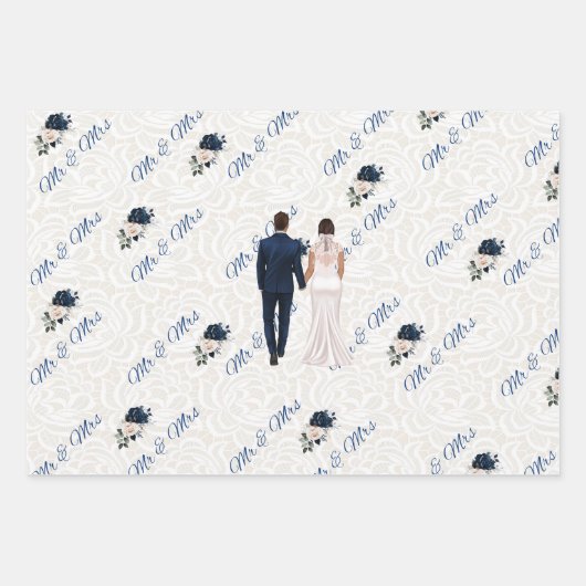 Mr & Mrs. Navy Wedding Wrapping Paper Geschenkpapier Set (Vorderseite)