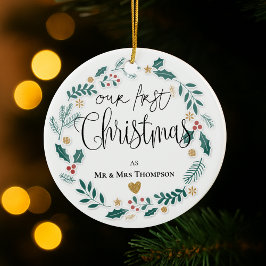 Mr & Mrs. Our First Christmas 2025 Newlywed Wreath Keramik Ornament