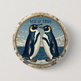 Mr & Mrs Penguin Couple Snow Winter Glacier Blue  Button