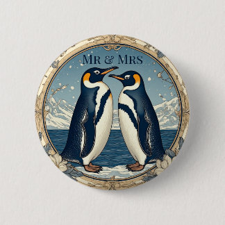 Mr & Mrs Penguin Couple Snow Winter Glacier Blue Button