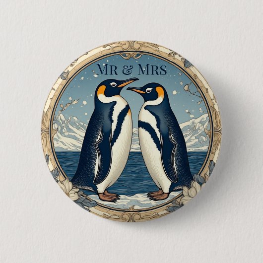 Mr & Mrs Penguin Couple Snow Winter Glacier Blue  Button (Vorderseite)