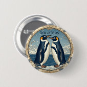 Mr & Mrs Penguin Couple Snow Winter Glacier Blue  Button (Vorne & Hinten)