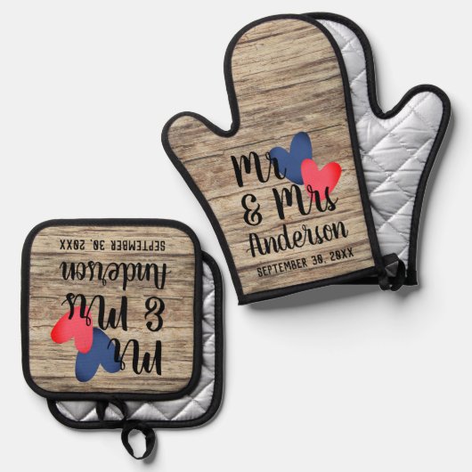 Mr & Mrs Personalisiert Oven Mitt & Pot Holder Set (Vorderseite/Rückseite)