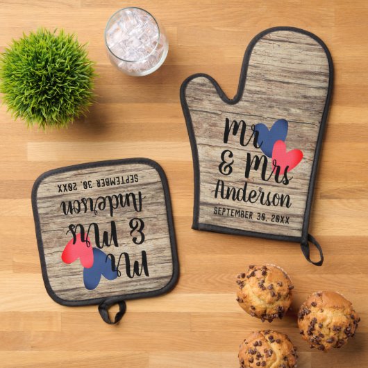 Mr & Mrs Personalisiert Oven Mitt & Pot Holder Set (Oben Unten)