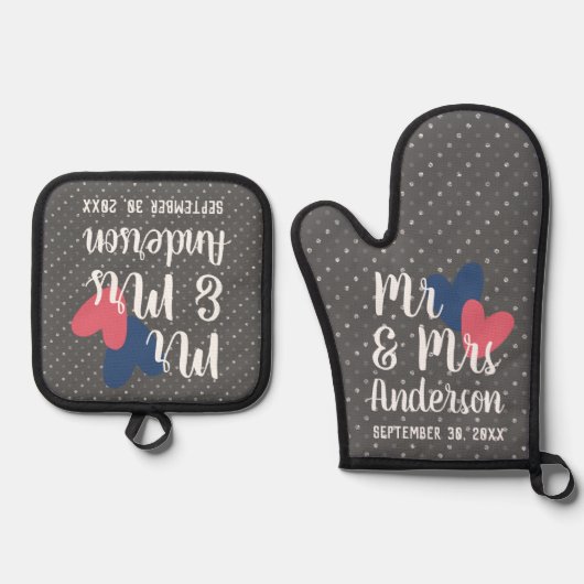 Mr & Mrs Personalisiert Oven Mitt & Pot Holder Set (Vorderseite)