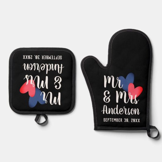 Mr & Mrs Personalisiert Oven Mitt & Pot Holder Set (Vorderseite)
