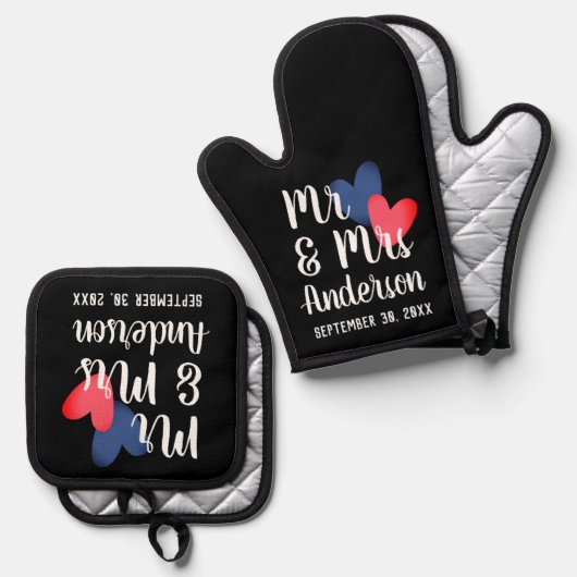 Mr & Mrs Personalisiert Oven Mitt & Pot Holder Set (Vorderseite/Rückseite)