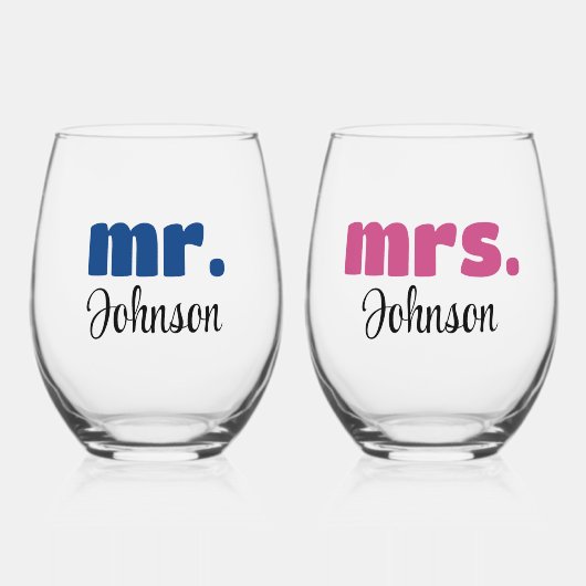 Mr & Mrs. Personalisiert Wedding Chic Script Weinglas Ohne Stiel (Vorderseite)