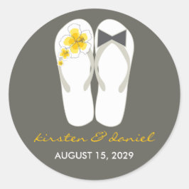 Mr & Mrs Pink Hibiskus Flip Flops Beach Wedding Runder Aufkleber