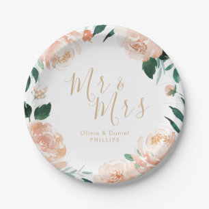 Mr & Mrs Romantic Garden peach floral Hochzeit Pappteller