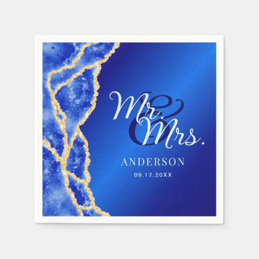 Mr & Mrs Royal Blue and Gold Agate Elegant Wedding Serviette (Vorderseite)