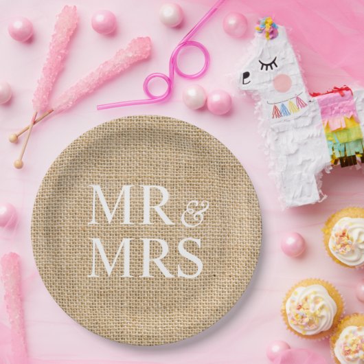 Mr & Mrs Rustic Burlap Wedding Simple Pappteller (Party)