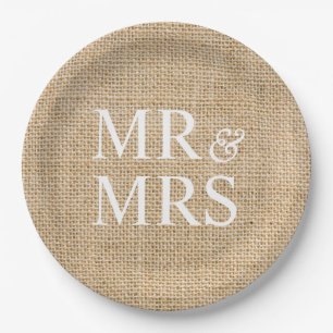 Mr & Mrs Rustic Burlap Wedding Simple Pappteller