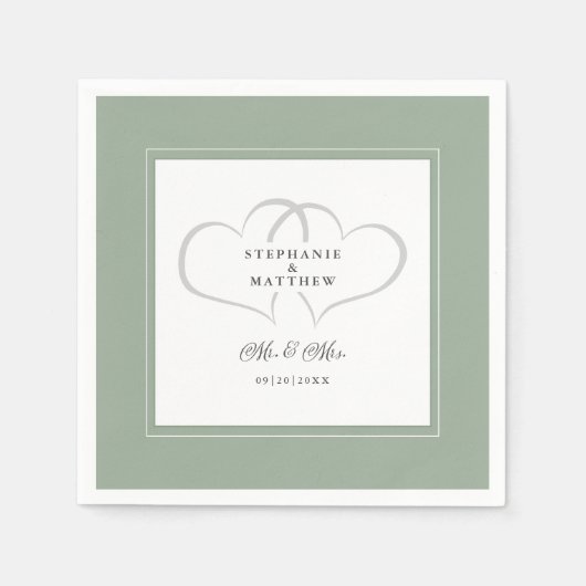 Mr & Mrs Sage Green Elegant Wedding Chic Hearts Serviette (Vorderseite)